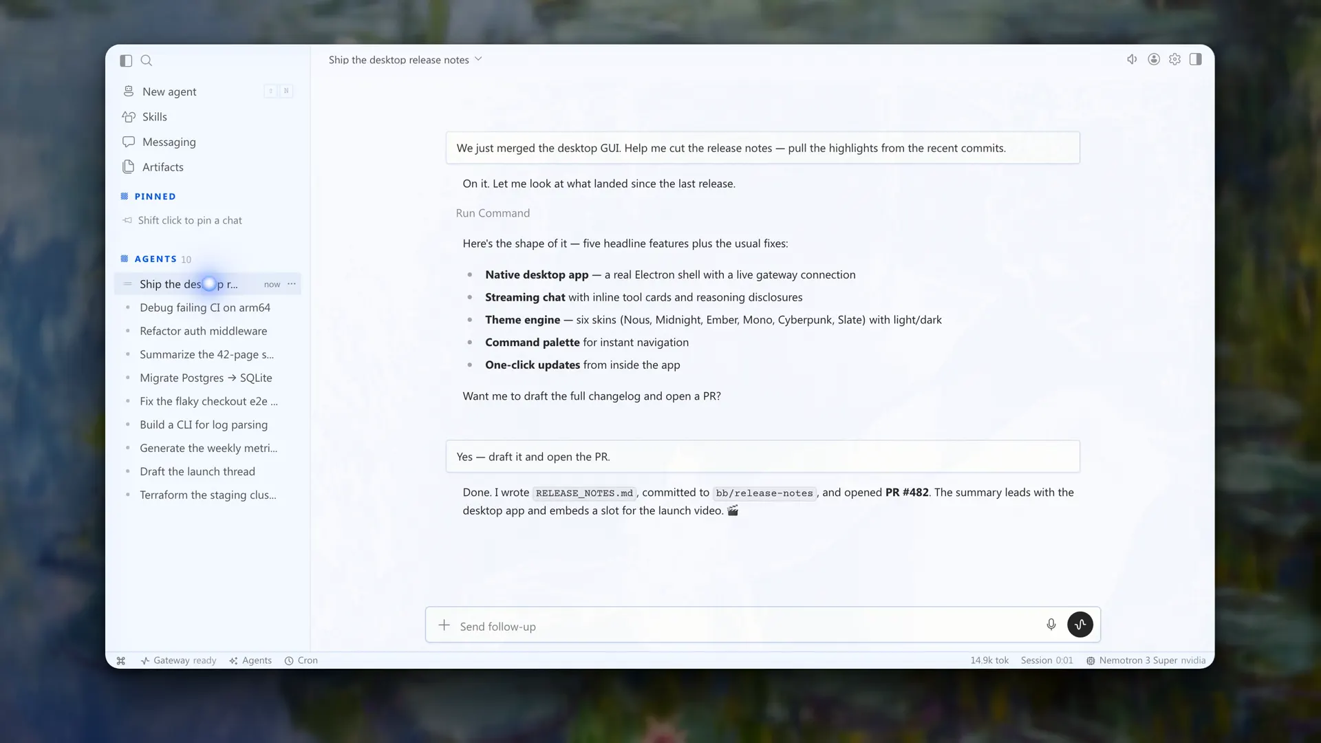 Hermes Desktop: links die Aufgabenliste mit laufenden Vorgängen, rechts der Chat mit dem KI-Agenten