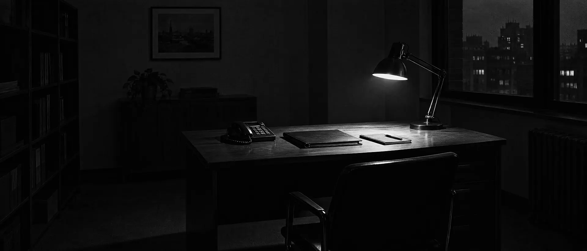 Leeres Büro am Abend mit Telefon und Notizblock auf dem Schreibtisch, Licht nur von der Schreibtischlampe