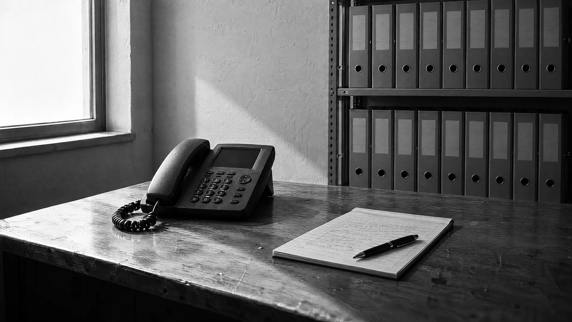Kabelgebundenes Telefon mit Hörer auf der Gabel und Notizblock mit Handschrift auf einem Holztisch, dahinter ein Regal mit Aktenordnern