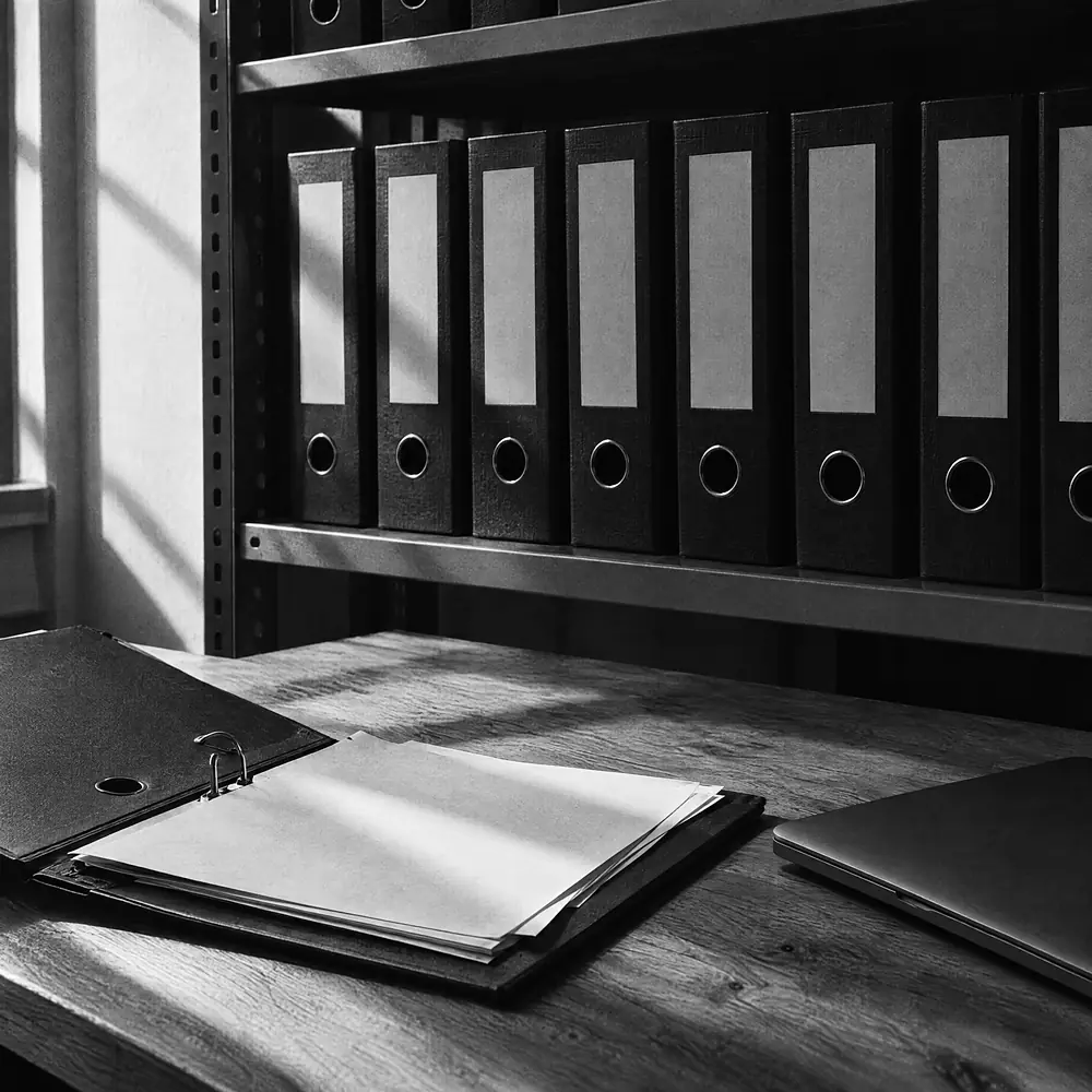 Ordnerreihen im Regal, davor ein aufgeschlagener Ordner und ein Laptop auf dem Schreibtisch