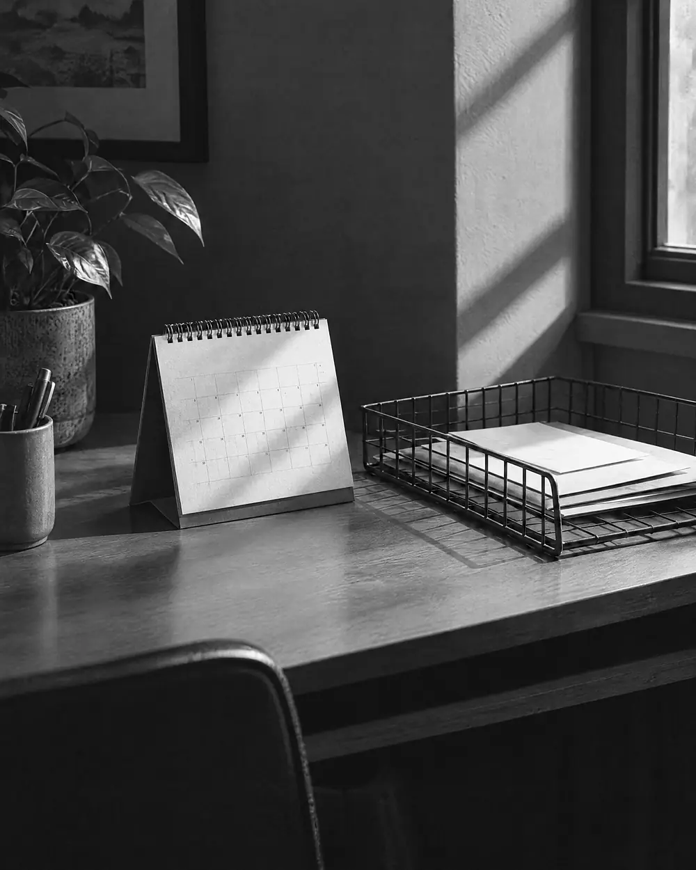 Kleiner Bürotisch mit Tischkalender und Ablagekorb mit Briefen, ruhiges hartes Licht