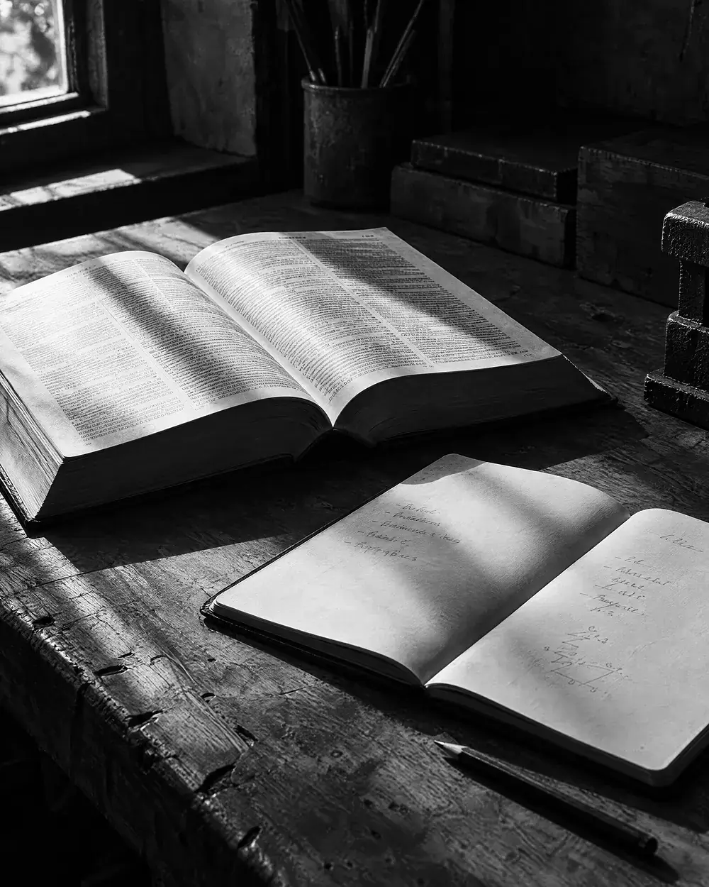 Aufgeschlagenes Nachschlagewerk neben einem offenen Notizbuch mit kurzen Stichwortnotizen auf einem abgenutzten Werktisch, hartes Seitenlicht