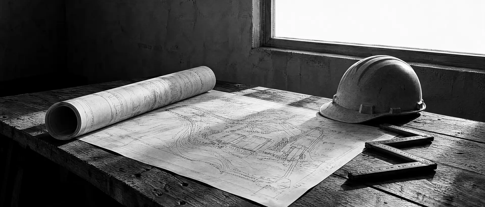 Bauzeichnungen und ein gerollter Plan auf einem Werktisch, daneben ein zusammengelegter Maßstab und ein Bauhelm