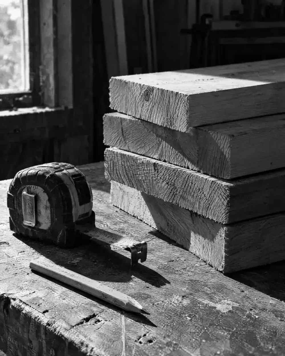 Stapel Bauholz auf einer abgenutzten Werkbank mit Maßband und Zimmermannsbleistift, tiefe Schatten