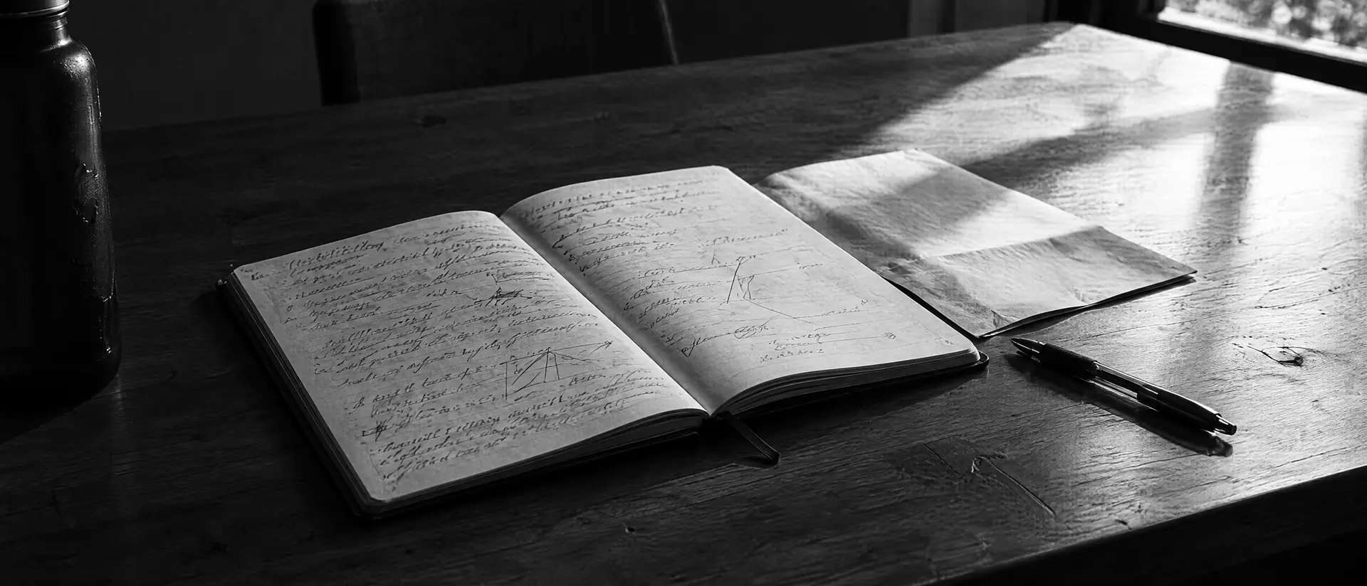 Aufgeschlagenes Notizbuch mit handschriftlichen Notizen auf einem Holztisch