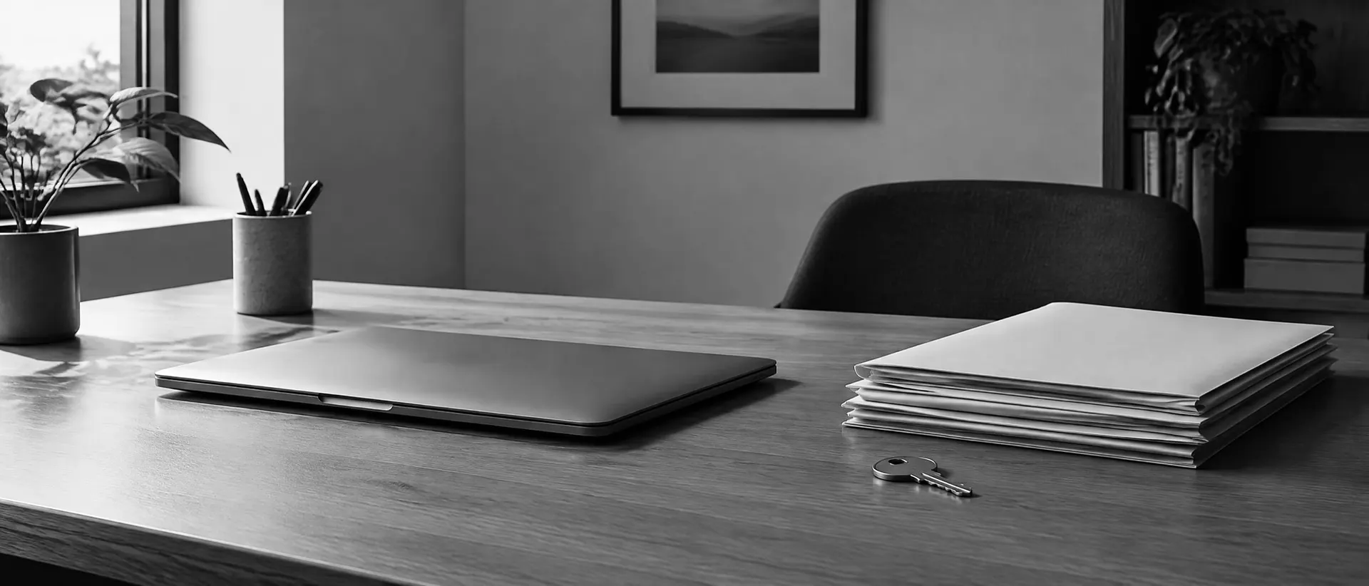 Geschlossener Laptop, Stapel Unterlagen und ein Schlüssel auf einem Schreibtisch