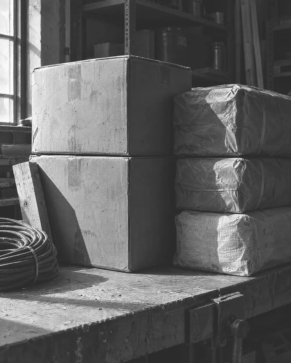 Gestapelte Kartons und Materialbündel auf einer Werkbank