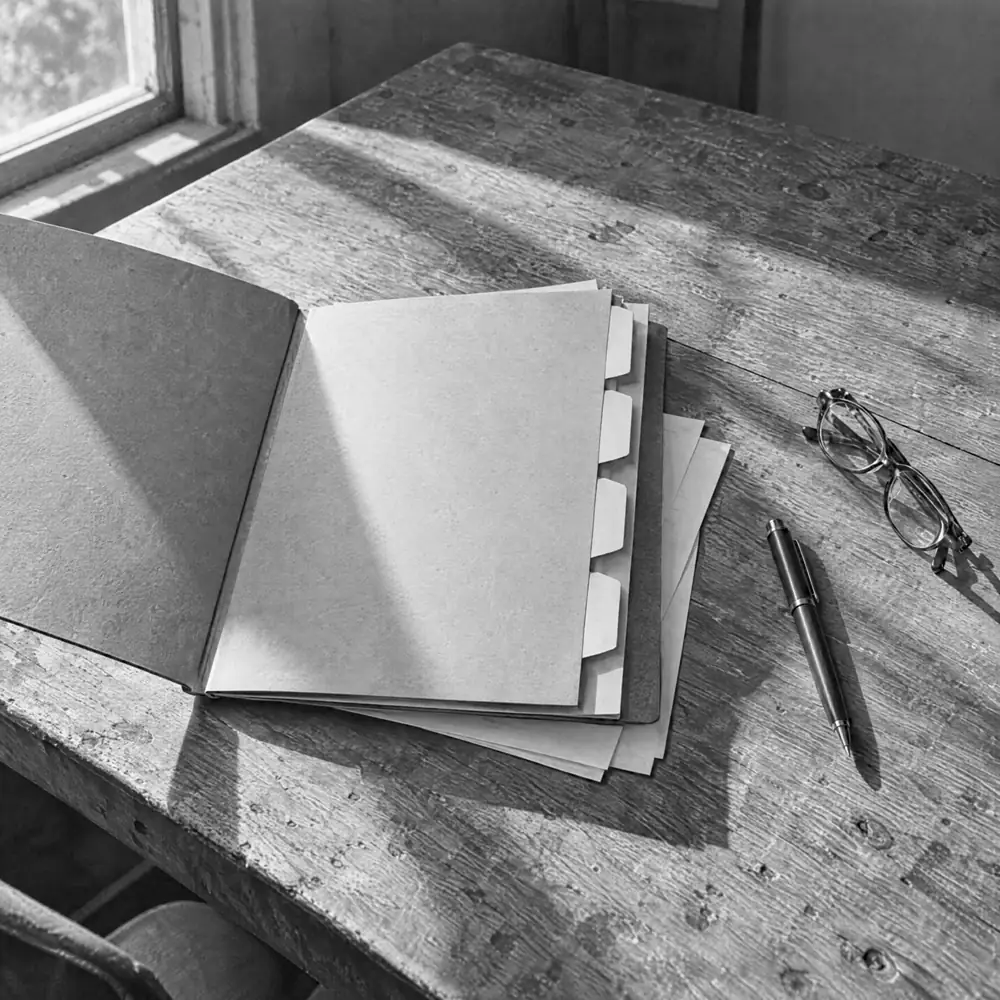 Ordner mit leeren Reitern, Stift und zusammengeklappter Brille auf einem Holztisch im Seitenlicht