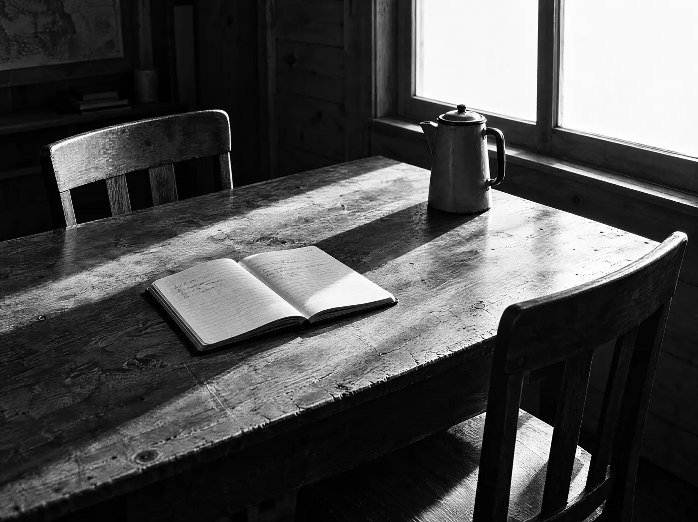 Besprechungstisch am Fenster eines Büros in Holzbauweise, darauf ein aufgeschlagenes Notizbuch und eine Kanne Kaffee, zwei Holzstühle im harten Seitenlicht