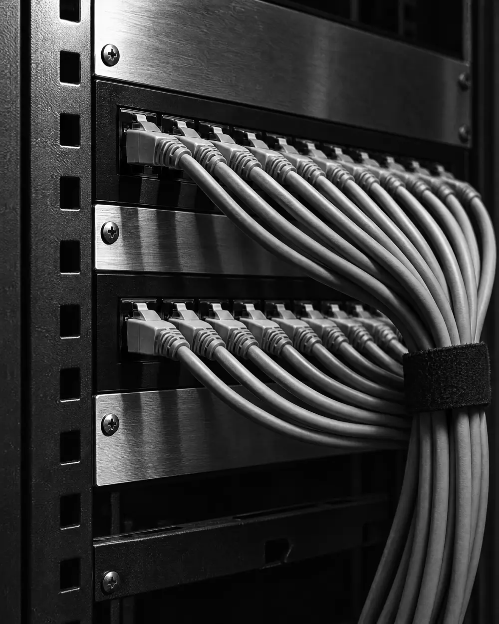 Patchfeld mit einer Reihe gesteckter Kabel, das Kabelbündel mit einem Klettband zur Seite geführt, gebürstetes Stahlblech