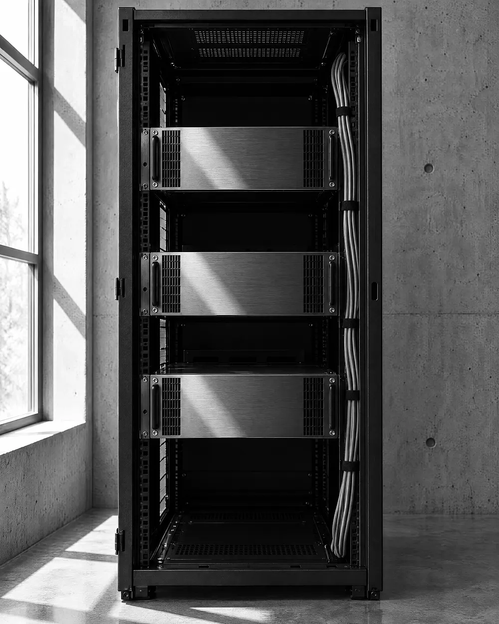 Offener Serverschrank mit drei Reihen identischer Einschübe und einem Kabelbündel an der rechten Seite, helles Seitenlicht