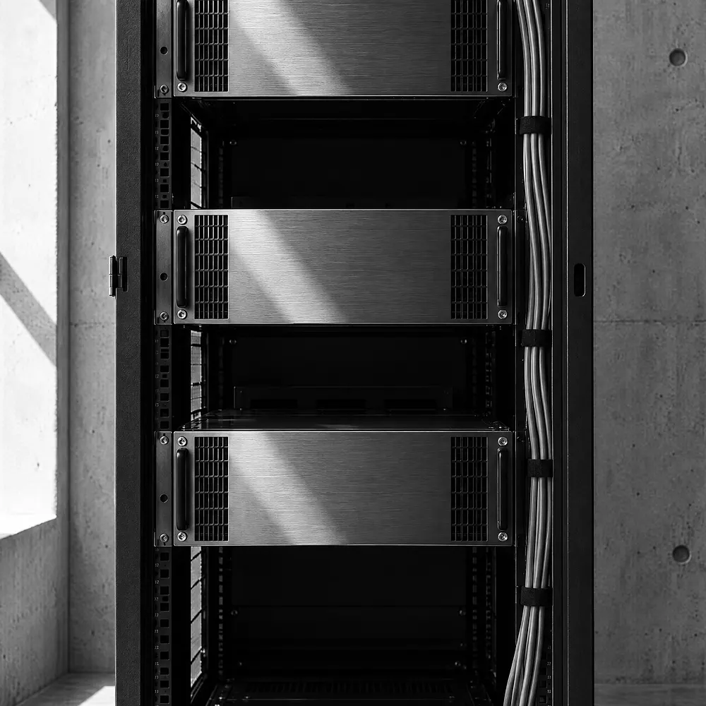 Reihen schwarzer Einschübe in einem offenen Serverschrank, dazwischen ein Kabelbündel, helles Seitenlicht
