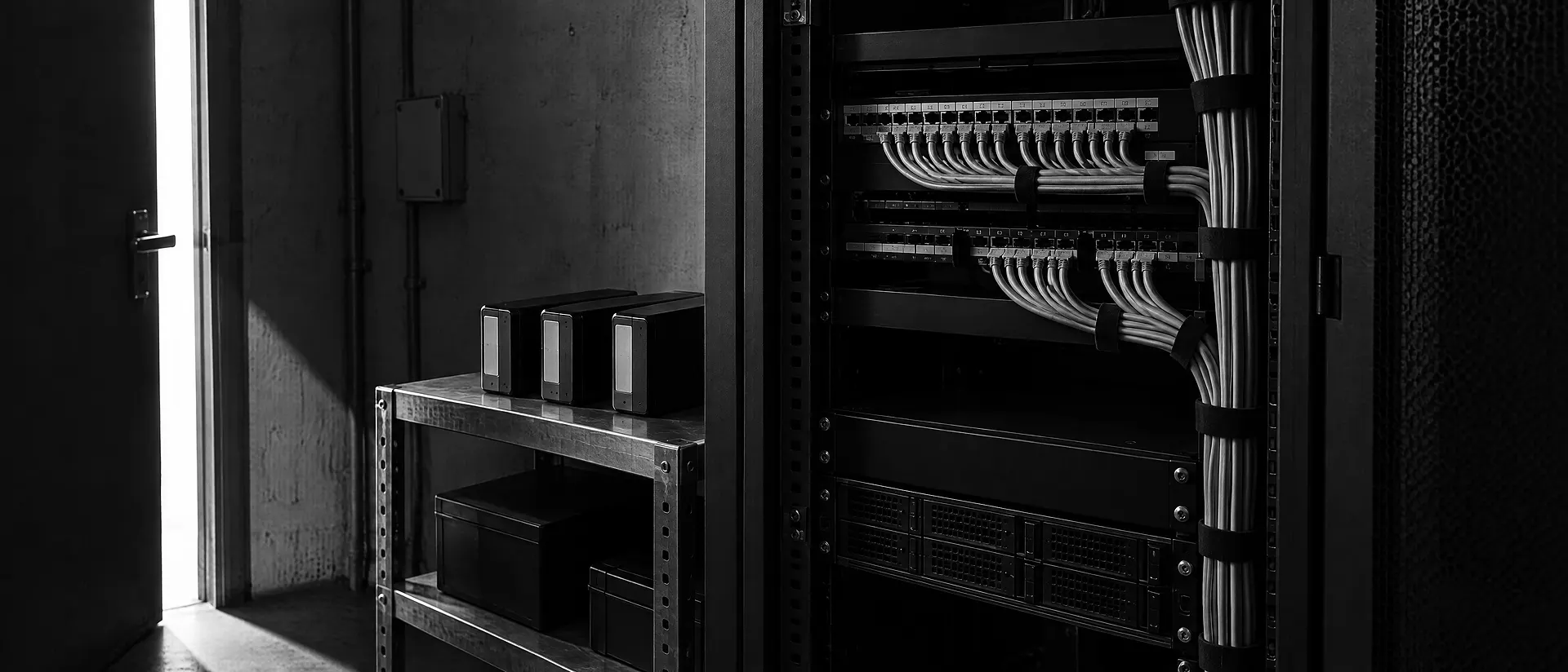 Offener Serverschrank mit Patchfeld und sauber gebündelten Kabeln in einem schmalen Technikraum, hartes Licht durch eine Tür