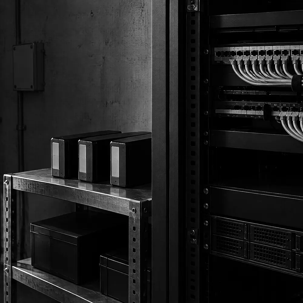 Metallregal mit Sicherungsmedien und einem Verteilerkasten an einer Betonwand im Technikraum