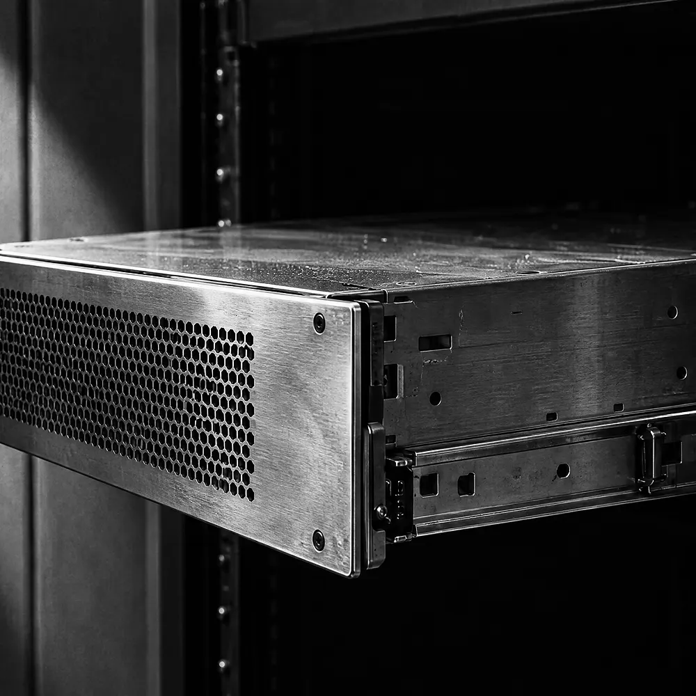 Nahaufnahme der oberen Hälfte eines Rack-Einschubs mit gebürsteter Metallfront im harten Seitenlicht